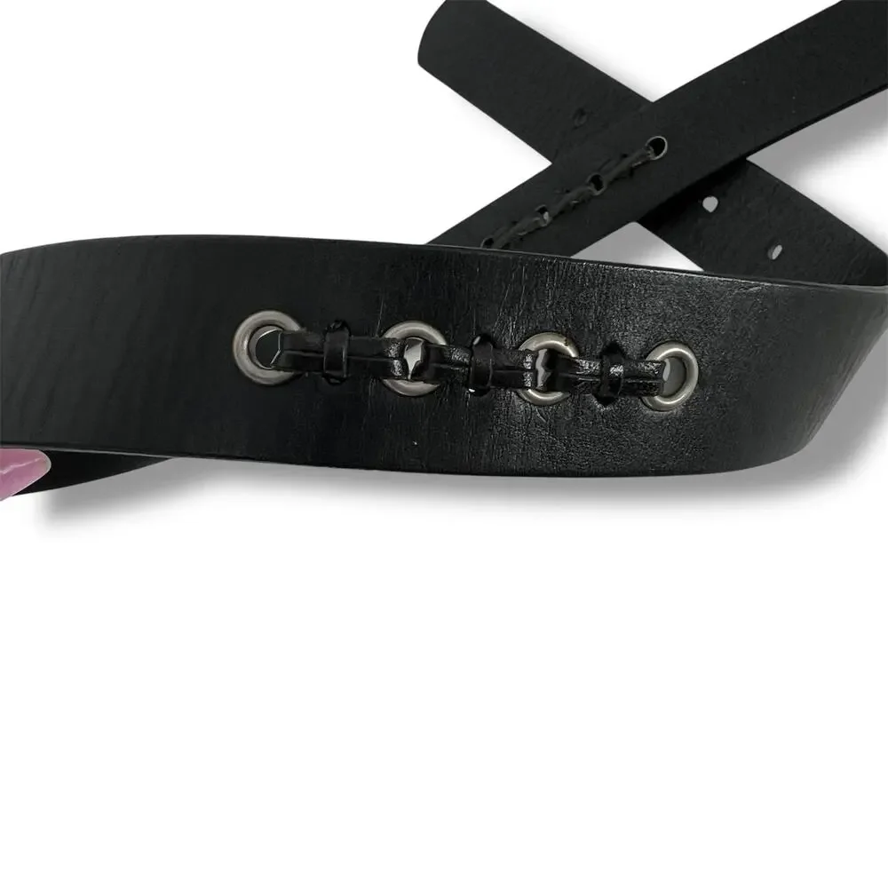 DOCKERS Black Leather Belt Rivets Lacing Medium Moto Goth Rocker